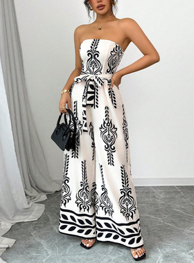 Printed wide leg slim fit lace up jumpsuit印花阔腿修身连身裤