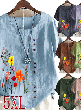 Printed loose top casual short sleeved shirt印花宽松休闲短袖