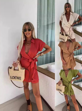 Casual solid color lapel shirt jumpsuit休闲翻领衬衫连体裤