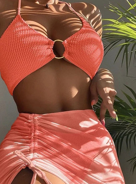 Three piece split pleated women's swimsuit三件套分体褶皱泳衣