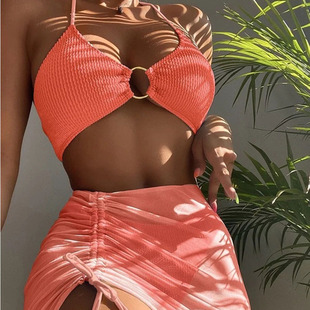 Three piece split pleated women's swimsuit三件套分体褶皱泳衣
