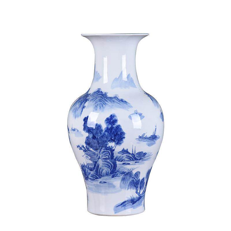 景德镇陶瓷花瓶摆件新中式青花山水大号观音瓶创意玄关家饰品直