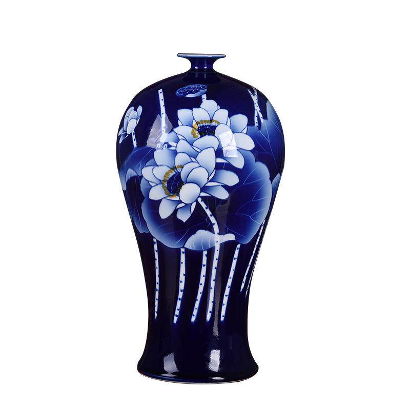 陶瓷花瓶摆件瓷器手绘荷花青花瓷蓝釉复古家居装饰品礼品瓷收藏