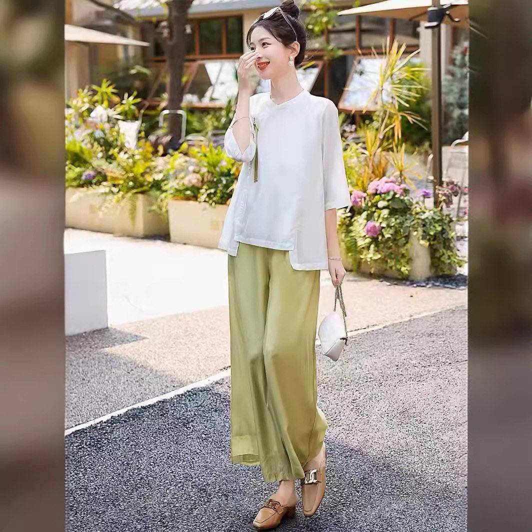 新中裤式复古阔腿套装夏syfs9902女季丝新款级感冰显瘦国风两件套