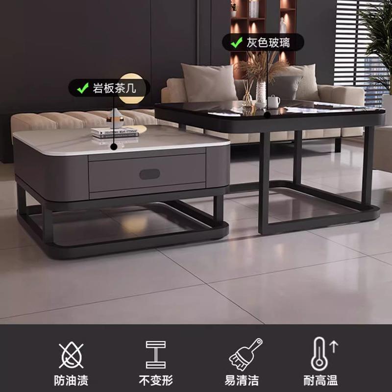 新款茶几小户型用厅客家意式岩板玻璃可缩储CEL物简约现代方形茶