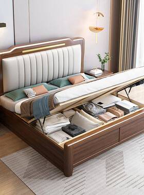 木新中式金JEE丝卧檀木实床现代简约双人床租房用室储物大出床单