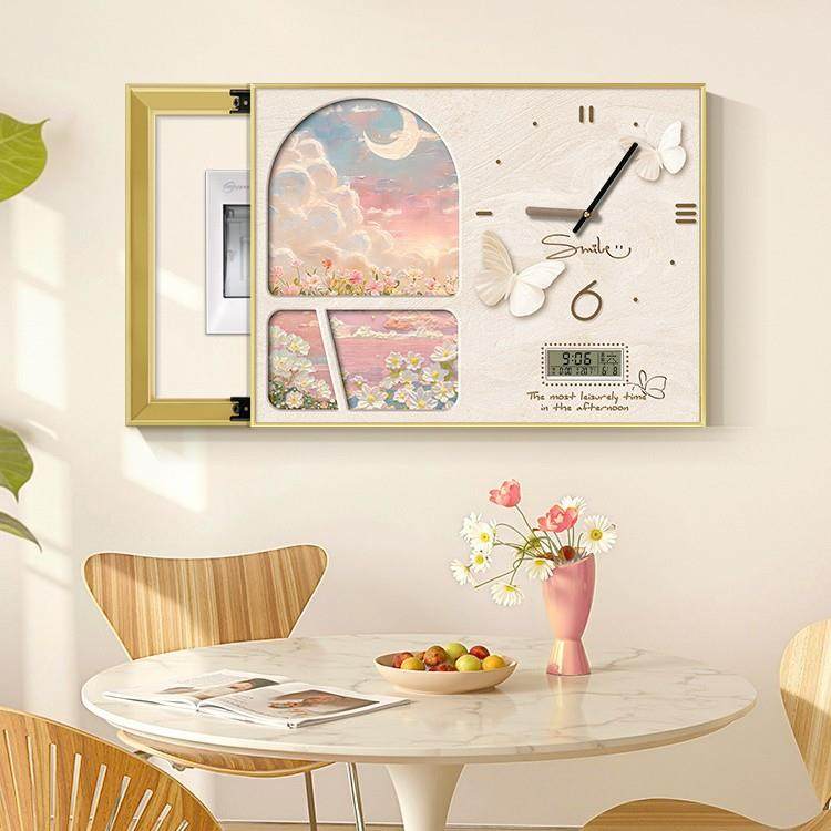2025新表款表箱奶油风家名画挂钟钟家无品牌/用万年历电子时钟装