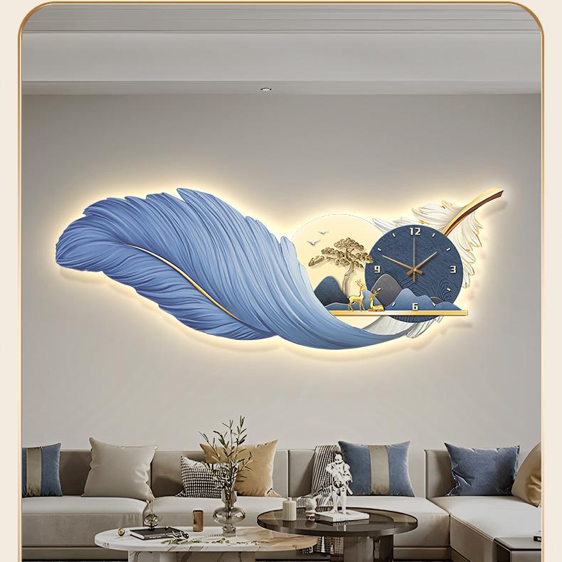 羽RFG毛餐厅装饰画带钟奢鹿挂表画发光新中式客厅灯山水时钟led轻