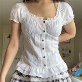 color sleeve pleated Solid tied elastic top 纯色褶皱绑带上衣