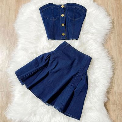 Cowboy strapless short skirt two-piece set牛仔抹胸短裙两件套