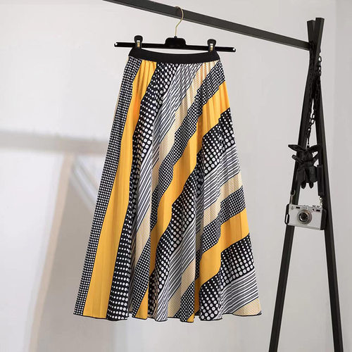 High waisted elastic waist printed skirt休闲松紧腰印花半身裙