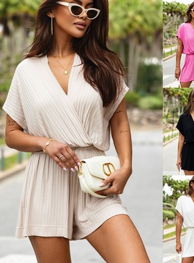 Solid color V-neck waist cinched jumpsuit纯色V领收腰连体裤女