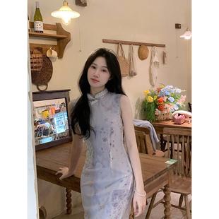 温婉素雅日常复古新中式 紫色无袖 少女旗袍改良文艺连衣裙夏季