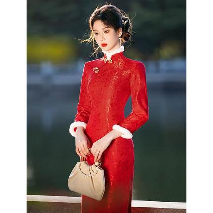 红色旗袍敬酒服秋冬款新中式女订婚礼加绒连衣裙2024新款高端修身