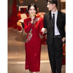 红色新中式旗袍敬酒服新娘2024新款秋冬长袖蕾丝结婚订婚礼服冬季