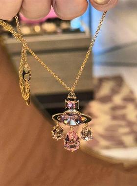 捕梦网系列土星粉钻锆石水晶珠链项链吊坠精致小众高级感锁骨链