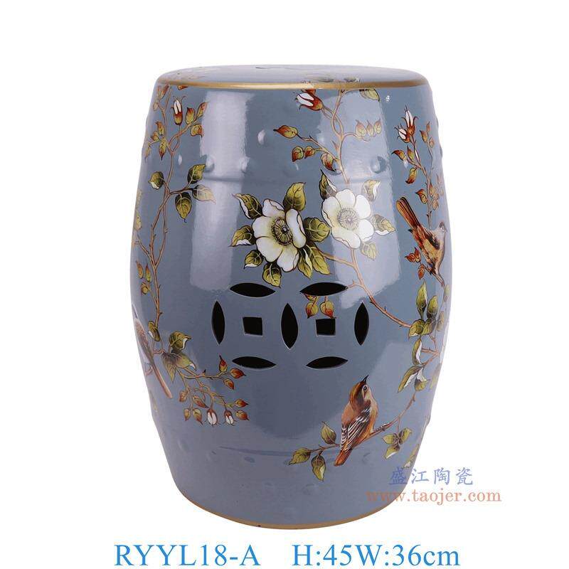 景德镇陶瓷蓝绿花鸟换鞋凳梳妆凳浴室庭院客厅圆鼓凳凉墩茶几摆件