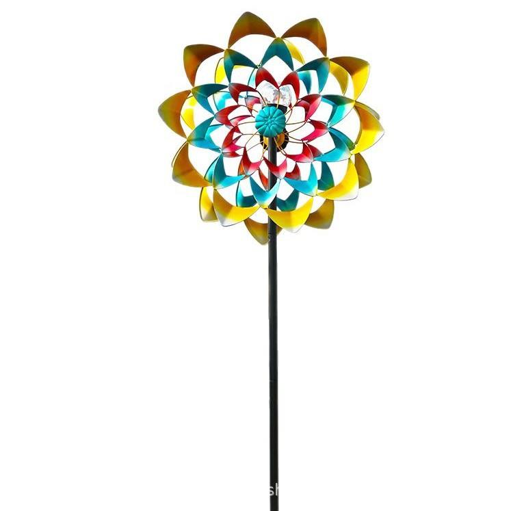 厂家直销太阳能黄蓝色花园花插园林庭院铁艺金属工艺品风车地插