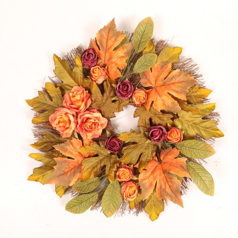 仿真色玫瑰花枫藤编秋花环感恩节叶装饰花圈壁挂门仿GGM真花挂