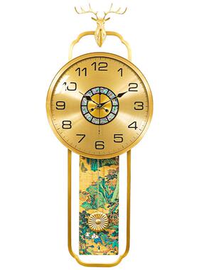 新中式黄铜挂钟家用客厅装饰壁钟创意江山图表挂墙轻奢静音石英钟