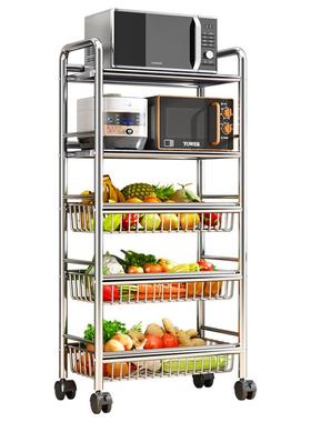 304不锈钢菜架子厨房蔬菜架收纳筐家用微波炉多层小推车置物架