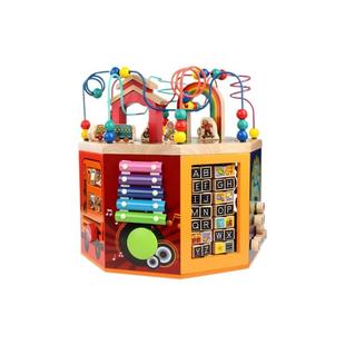 多功能教具儿童木质百宝箱八面彩虹旋转音乐大绕珠玩具