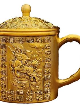 黄铜麒麟百福茶杯家居新中式餐厅桌面装饰带盖茶缸金属摆件工艺品