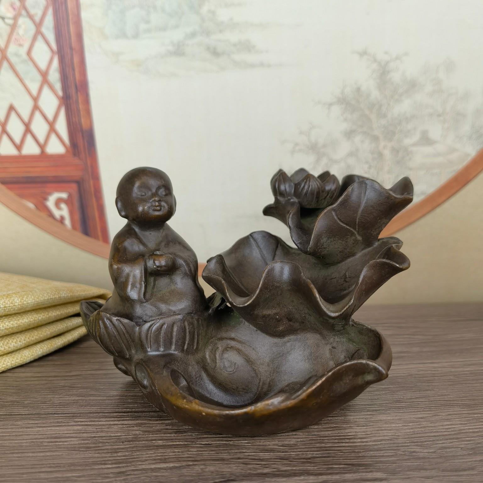 做旧仿古铜荷叶禅意佛塔香倒流香莲花香薰摆件中式家居办公室