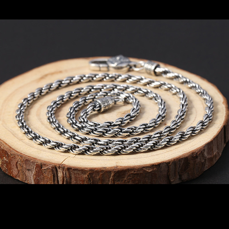 纯银扭纹项链4.5mm宽复古龙头扣项链男女通用百搭平安扣银链子