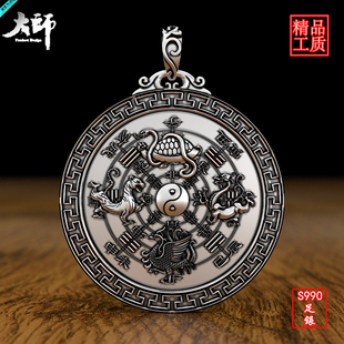 青龙白虎吊坠999纯银男足银复古吊牌霸气玄武朱雀麒麟银牌项链男