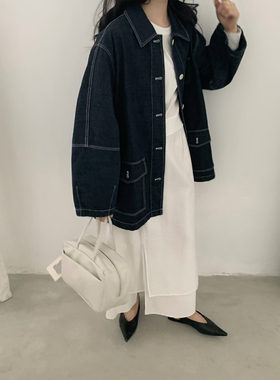 sevenm韩系81221复古箱型牛仔外套设计感时尚宽松长袖夹克风衣女