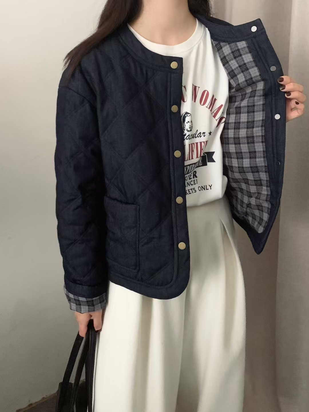 sevenmeter韩国2904小个子圆领菱形格棉服宽松显瘦外套夹克女上衣