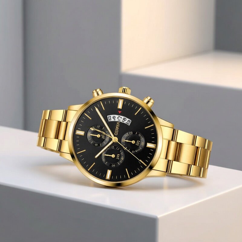 男士手表新款三眼商务 钢带大表盘石英男表 三眼男表钢带手表