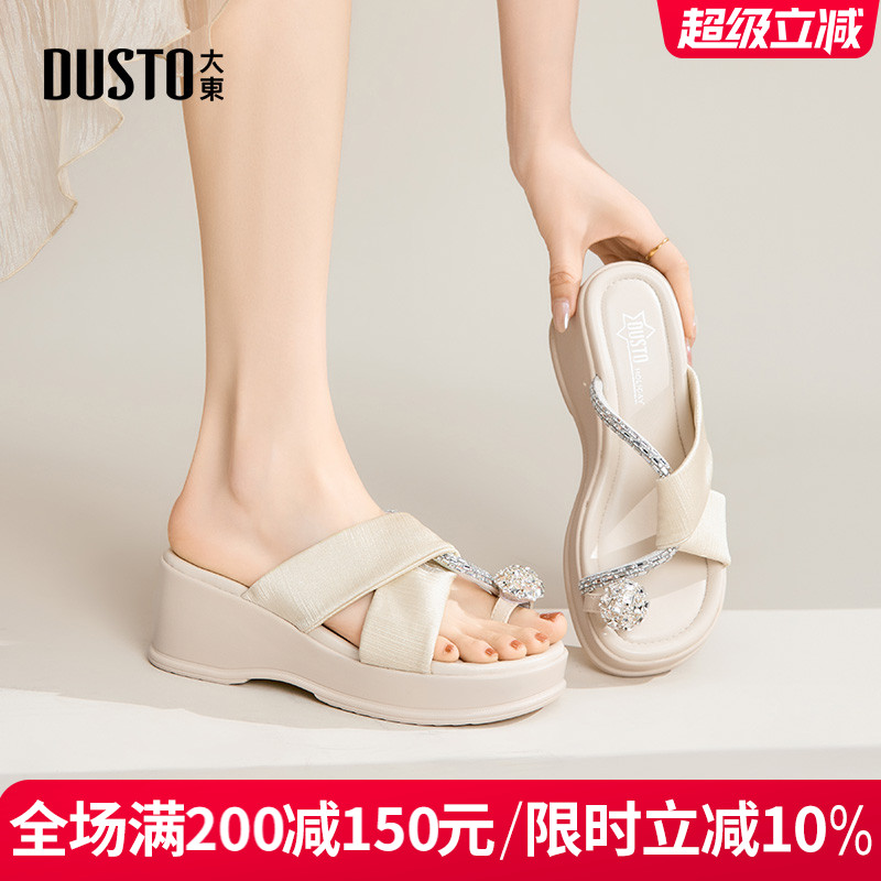 大东女鞋拖鞋2025夏季新款新中式厚底松糕女凉鞋外穿水钻百搭高跟