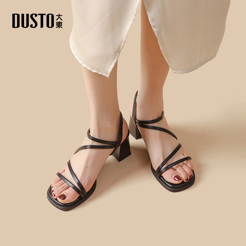 大东凉鞋女2026夏季新款外穿百搭时尚通勤方头粗跟一字带高跟女鞋