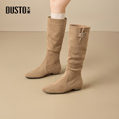新款 大东女鞋 长靴2025冬季 英伦复古绒面长筒靴套筒平跟美拉德女靴