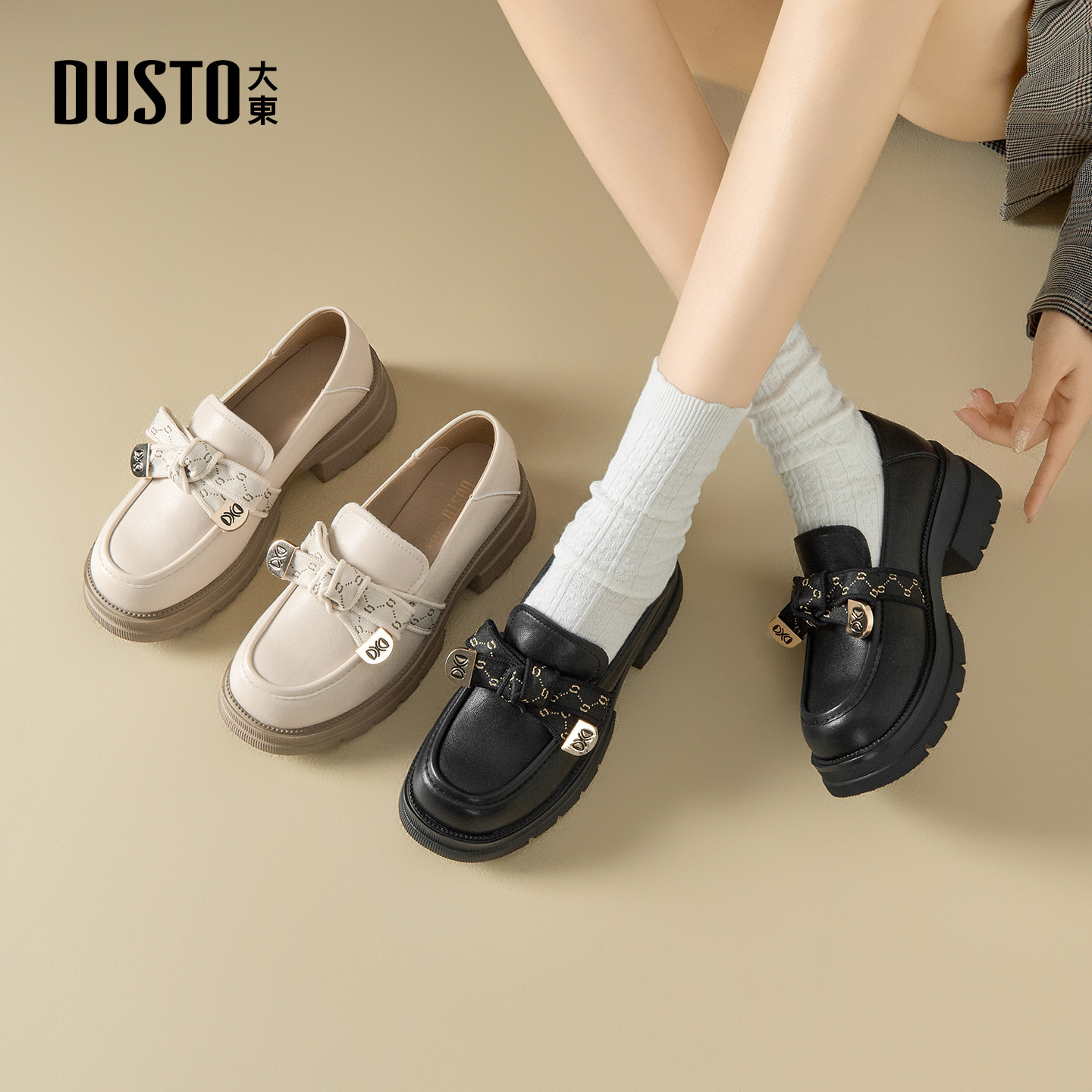大东乐福鞋女鞋优雅小皮鞋蝴蝶结