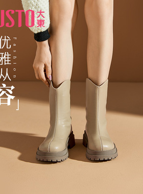 大东短靴女冬季新款简约圆头粗跟中筒靴时尚舒适后拉链女鞋0600A