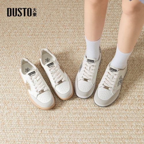 大东女鞋小白鞋圆头平底系带拼接