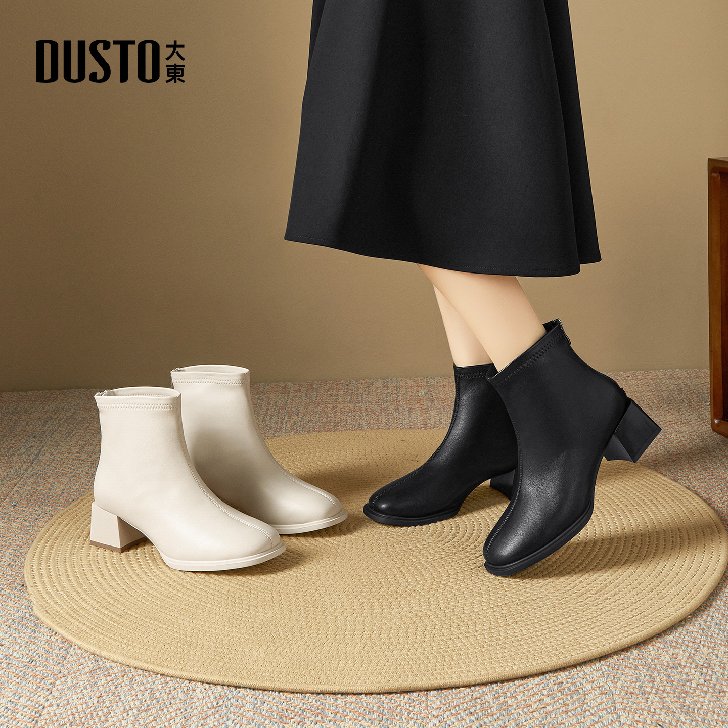 大东时装靴粗跟方头舒适女短靴