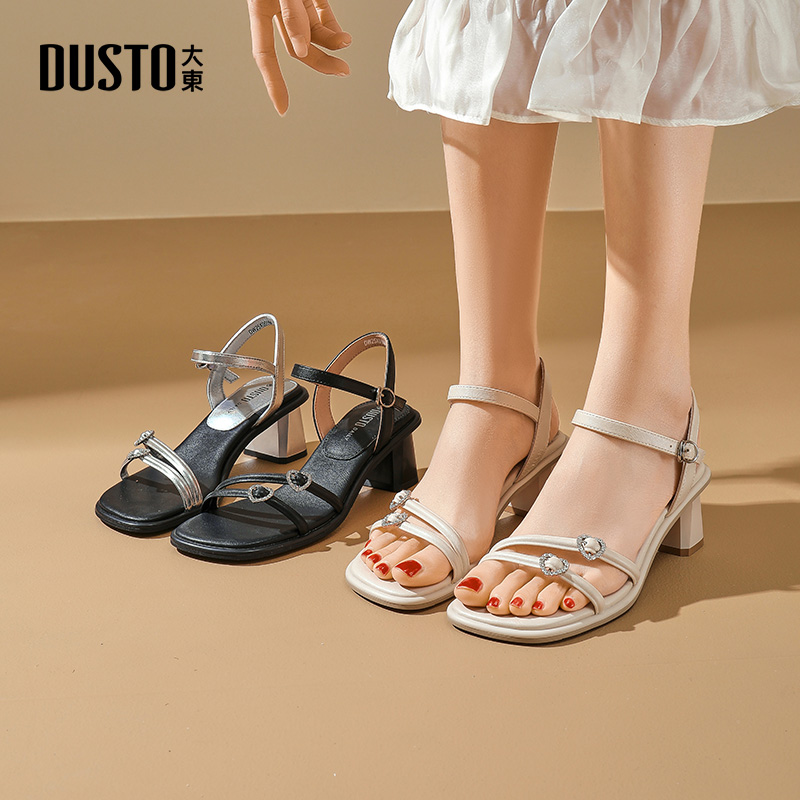大东凉鞋粗跟方头一字带高跟鞋女