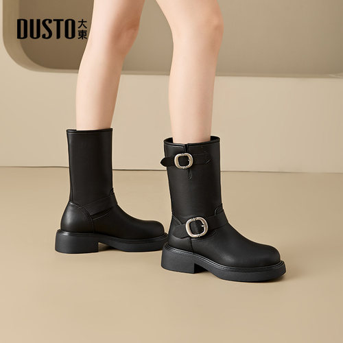 大东女靴皮带扣骑士靴圆头粗跟