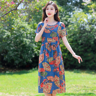 碎花纯棉绸连衣裙女40至50岁时尚 中年妈妈装 显瘦长裙子潮 夏季 新款