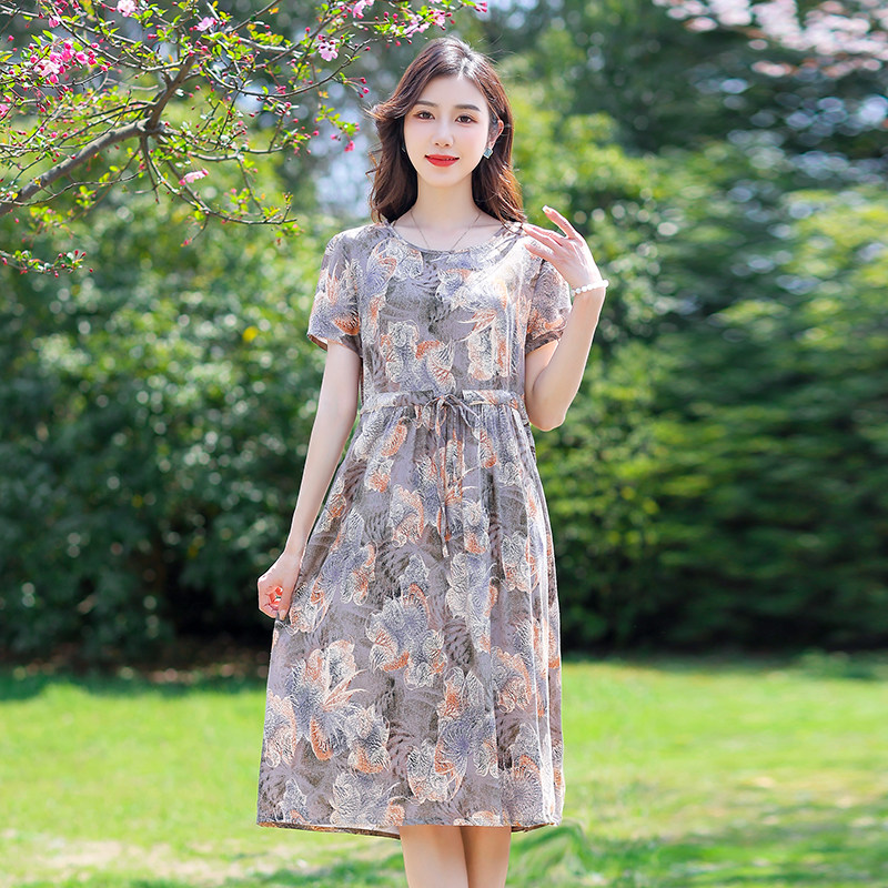 妈妈装夏装棉绸连衣裙大码显瘦中老年女装中长款碎花过膝绵绸长裙