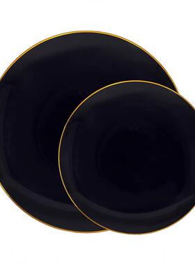 硬塑料一次性餐盘黑色大理石纹盘黑底金色西餐盘白色金边餐