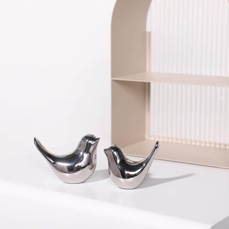 轻奢电镀银色陶瓷小鸟工艺品摆件 酒柜茶几样板间迷你软装小饰品