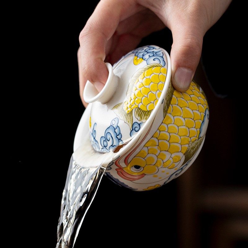 龙鱼纳福布袋三才盖碗可悬停旋转单个高档泡茶Q碗茶杯陶瓷功夫茶,餐饮具,盖碗,淘宝优惠券,粉丝福利购,淘宝优惠卷