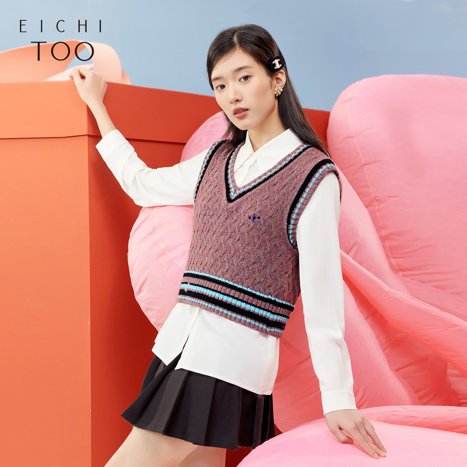 爱居兔春季针织衫马甲通勤时尚衬衫经典两件式套装