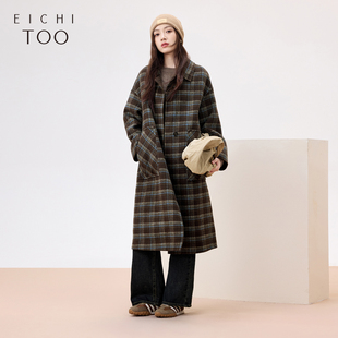 爱居兔全羊毛大衣女冬季高级感宽松格纹长款双面呢大衣