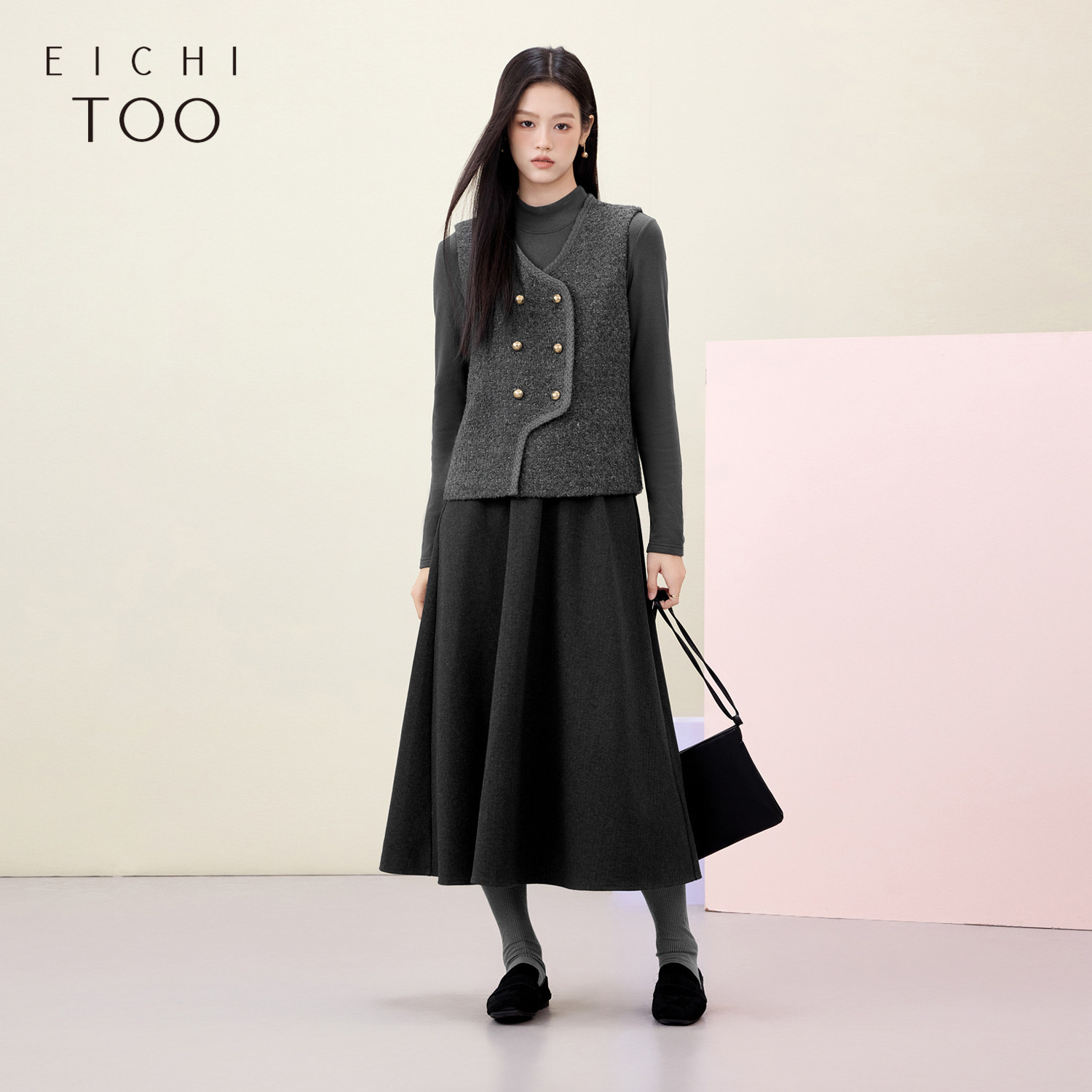 爱居兔高级灰套装裙女冬季小香风两件式连衣裙